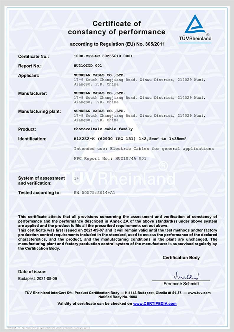 SUNKEAN CPR(Cca) Solar Cable Certificate